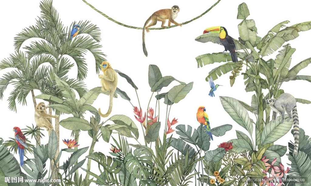 手绘欧式中世热带雨林动物背景