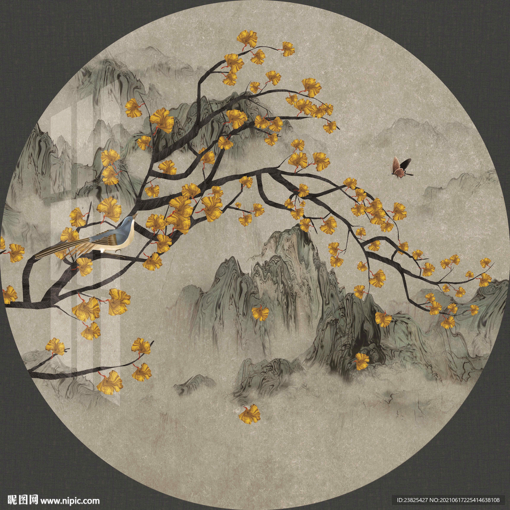 新中式手绘银杏树花鸟圆形装饰画