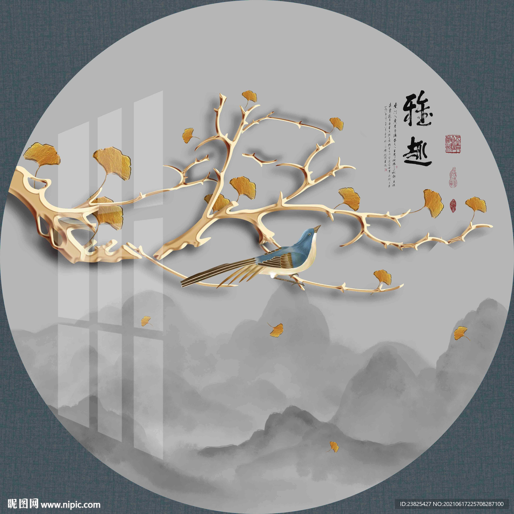 新中式手绘工笔银杏树花鸟装饰画