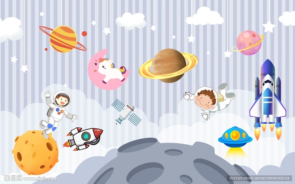 手绘太空宇宙火箭儿童房背景墙