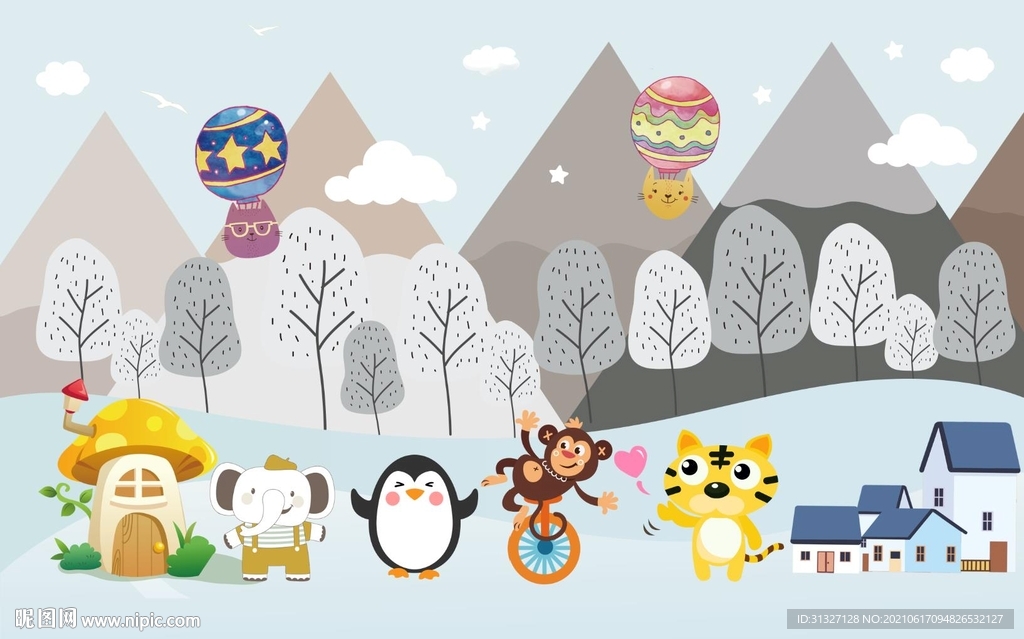 北欧卡通小树动物儿童房画