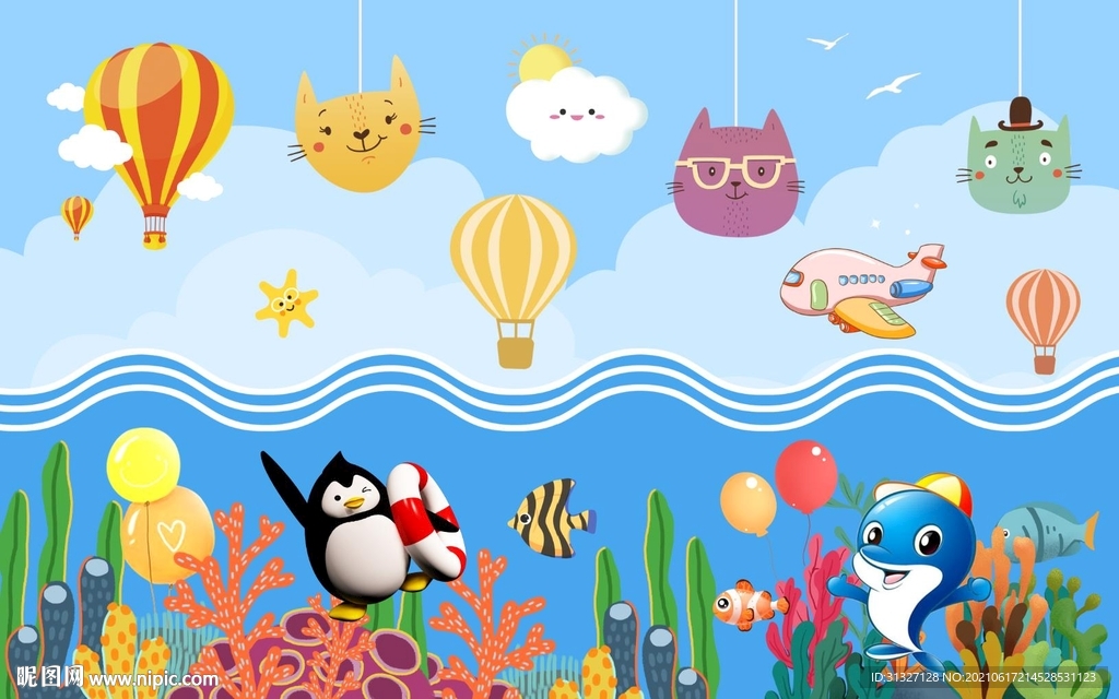 卡通可爱猫头海边背景墙