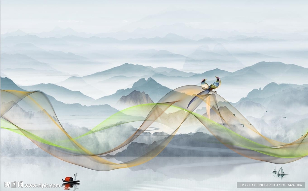 抽象飘带新中式山水背景墙