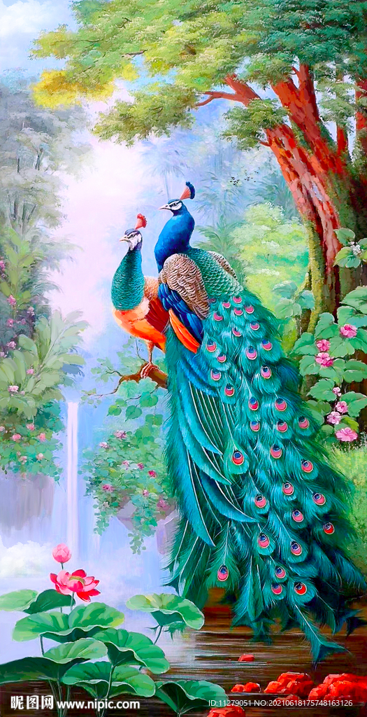 山水画孔雀