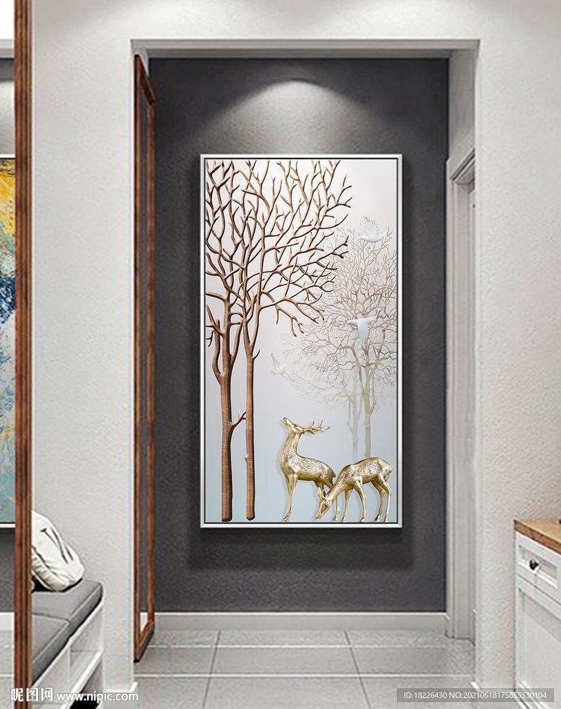 现代简约浮雕森林麋鹿玄关装饰画