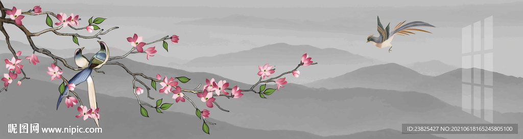 新中式手绘工笔花鸟床头装饰画
