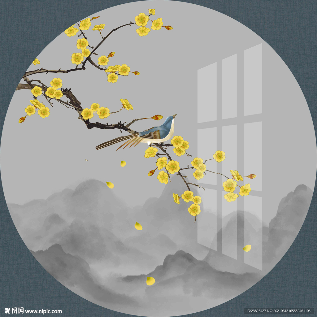 新中式手绘银杏树花鸟圆形装饰画