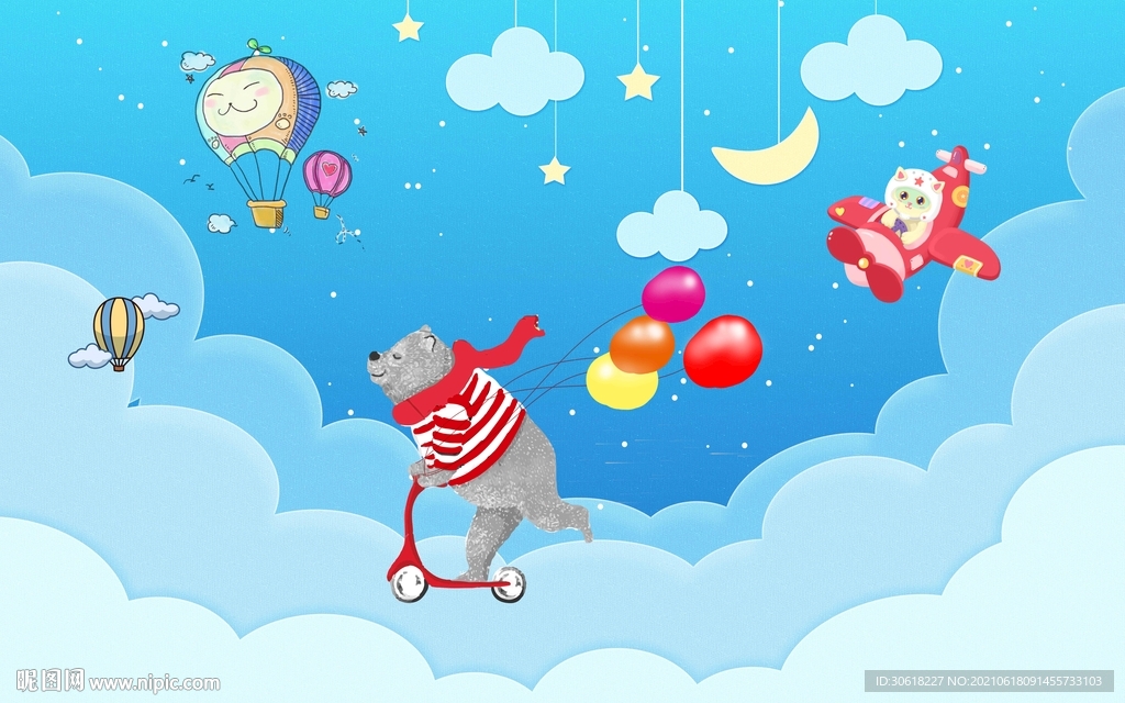 北欧手绘卡通儿童房背景墙