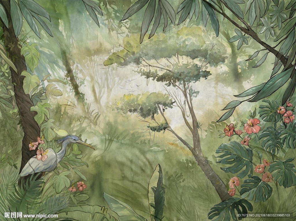 手绘欧式中世热带雨林动物背景墙