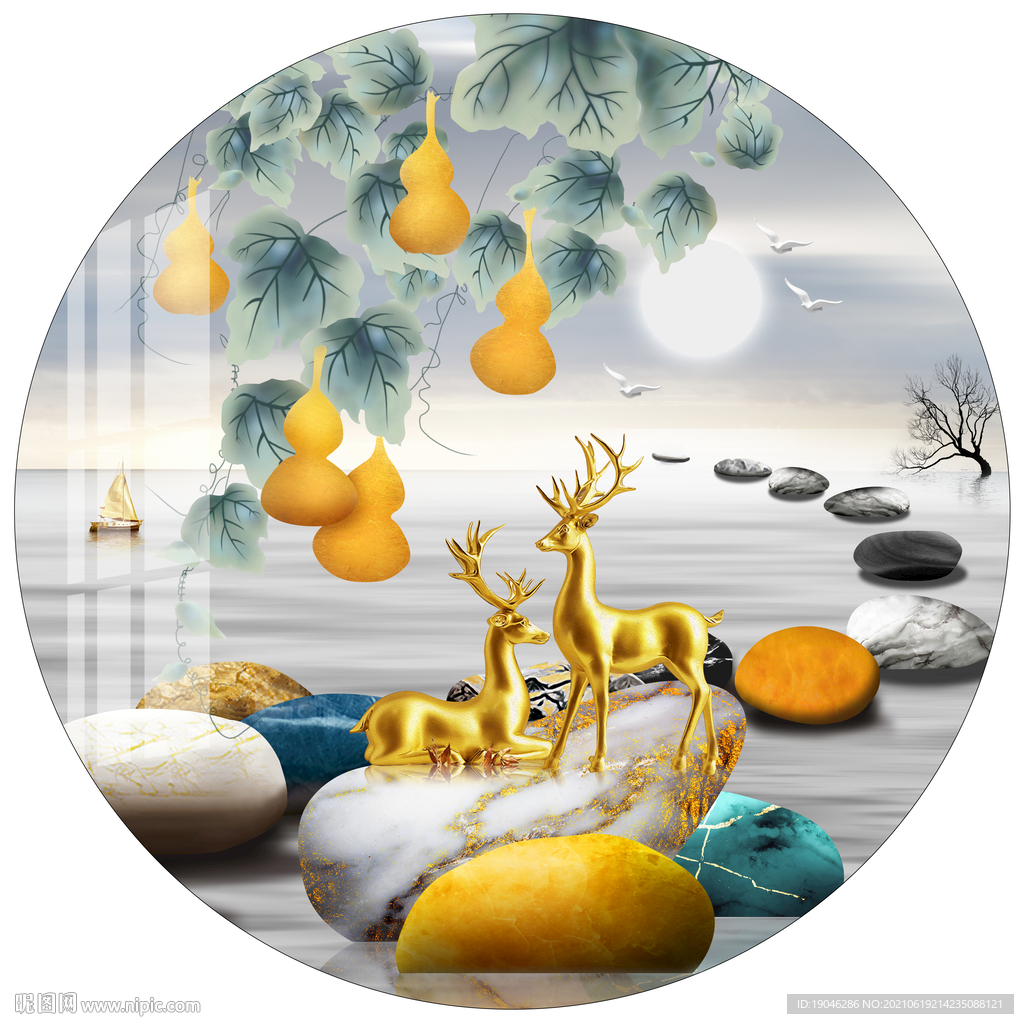 金色抽象葫芦轻奢麋鹿圆形装饰画