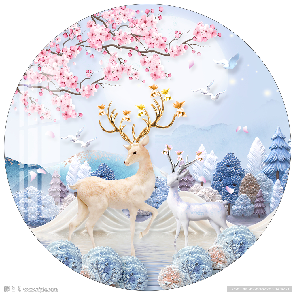 北欧麋鹿花卉圆形装饰画