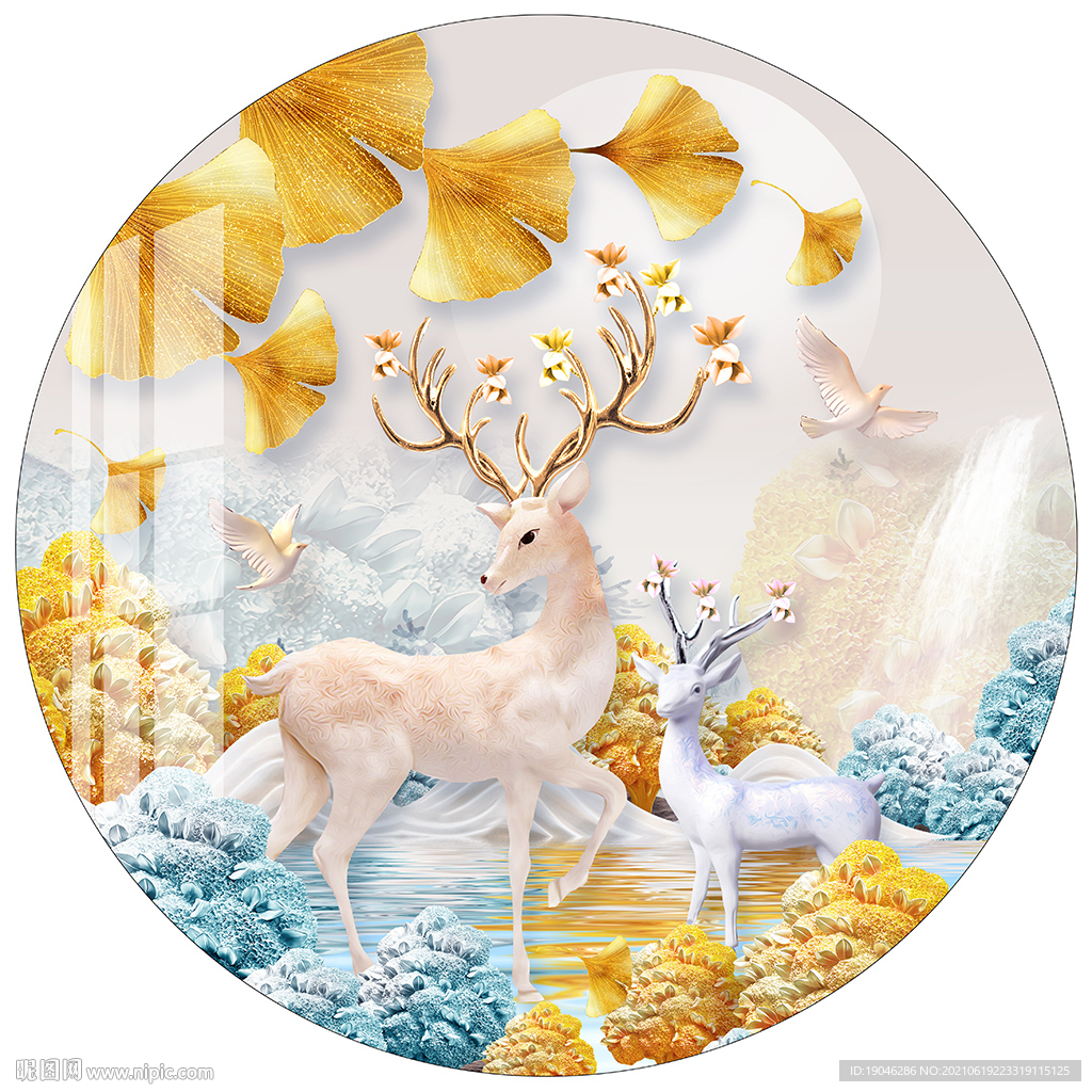 北欧麋鹿金色银杏叶圆形装饰画