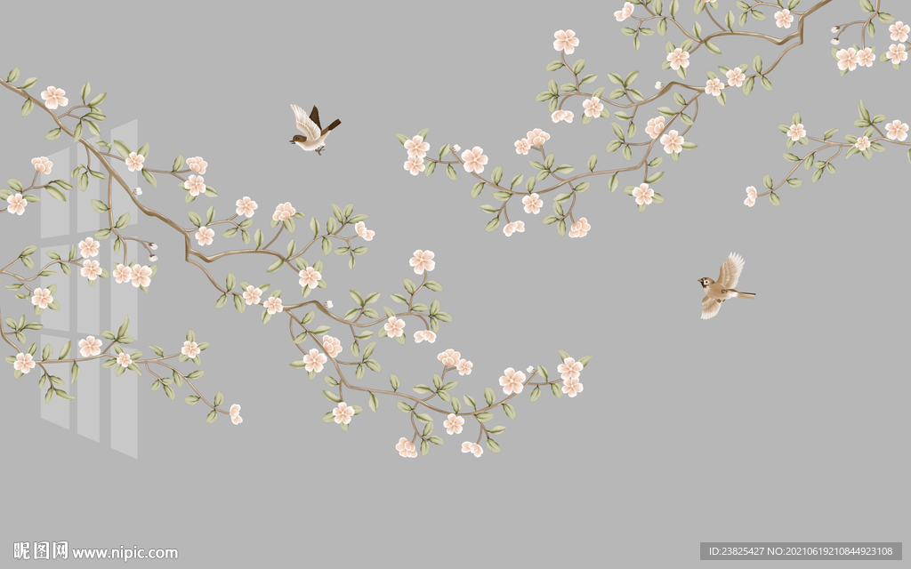 新中式手绘工笔花鸟电视背景墙