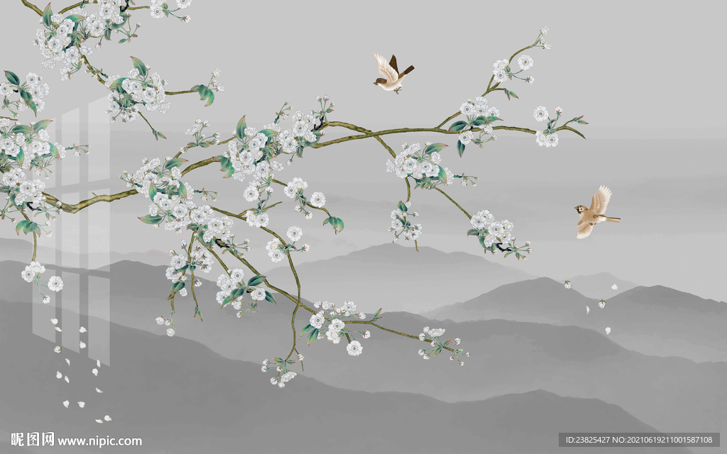 新中式手绘工笔花鸟电视背景墙