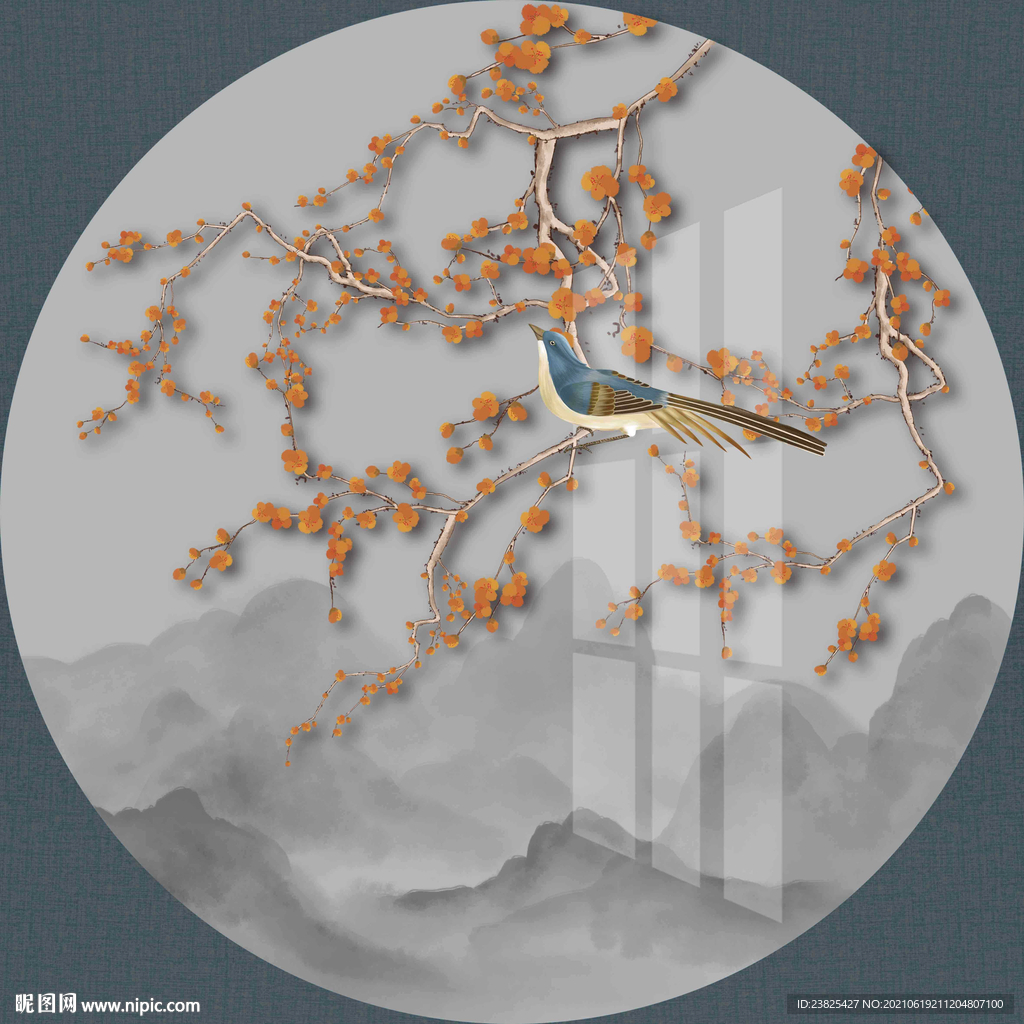 新中式手绘工笔花鸟电视背景墙