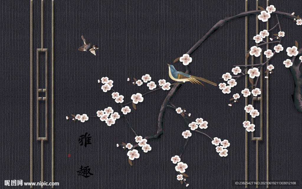 新中式手绘工笔花鸟电视背景墙