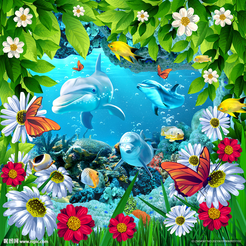 海洋世界海豚立体吊顶天顶壁画