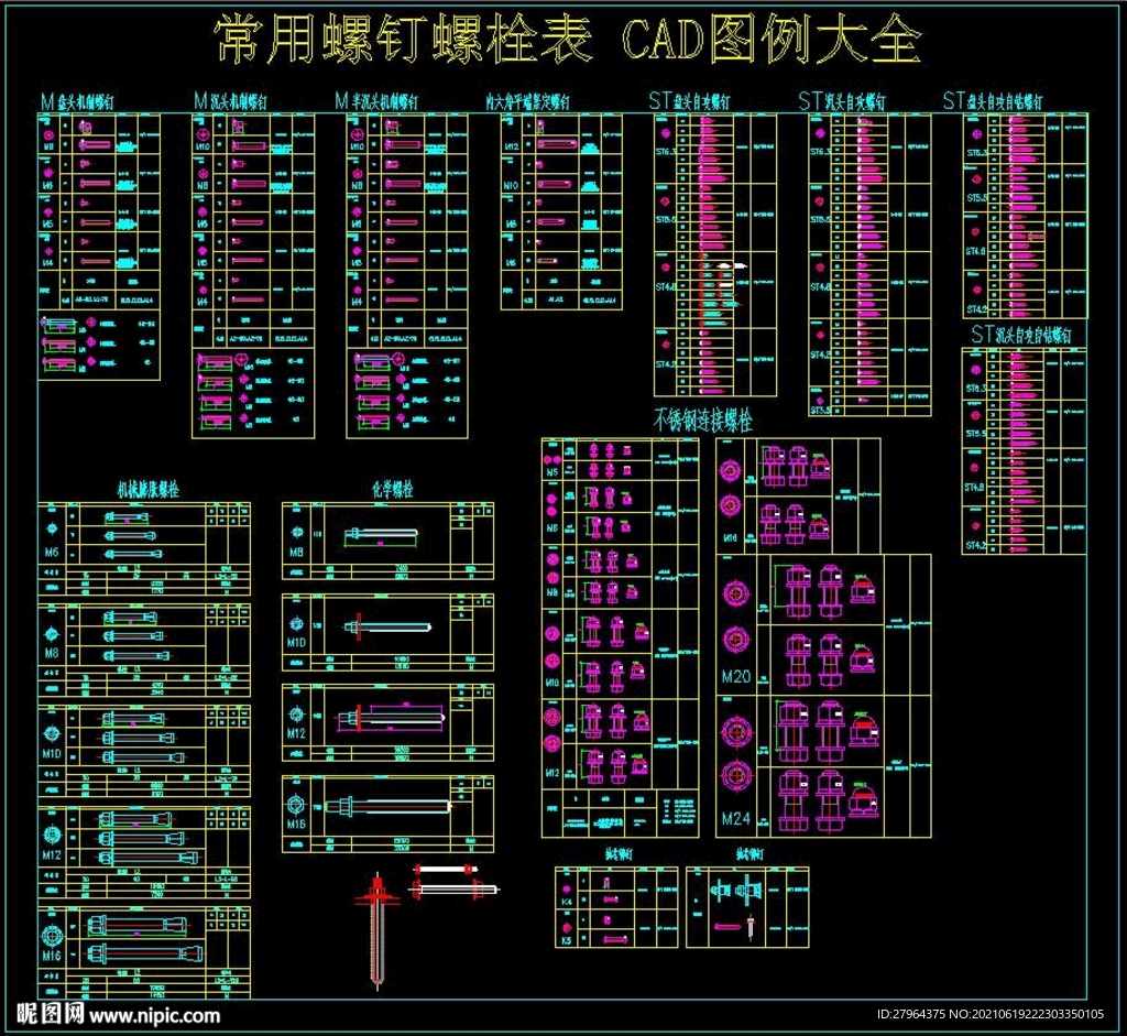 常用螺钉螺栓表 CAD图例大全