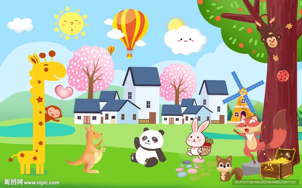 儿童乌鸦与狐狸童话背景墙