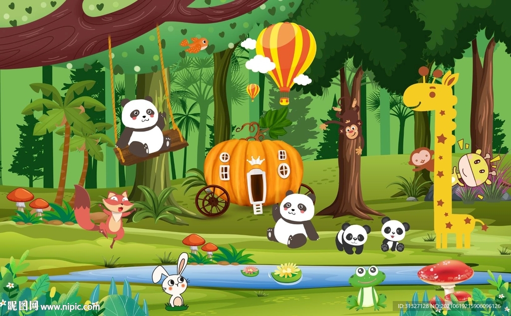 卡通熊猫动物树林背景墙