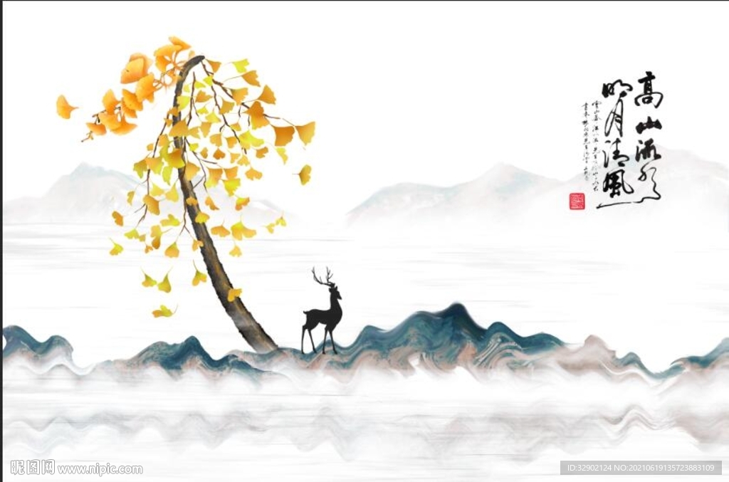 工笔银杏高山流水麋鹿中式背景墙