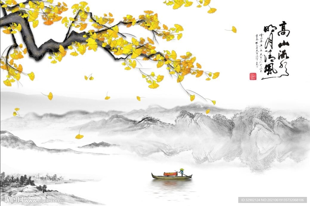 工笔银杏高山流水中式背景墙