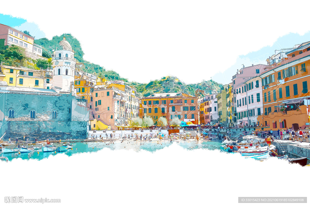 山脚下的建筑手绘插画装饰画
