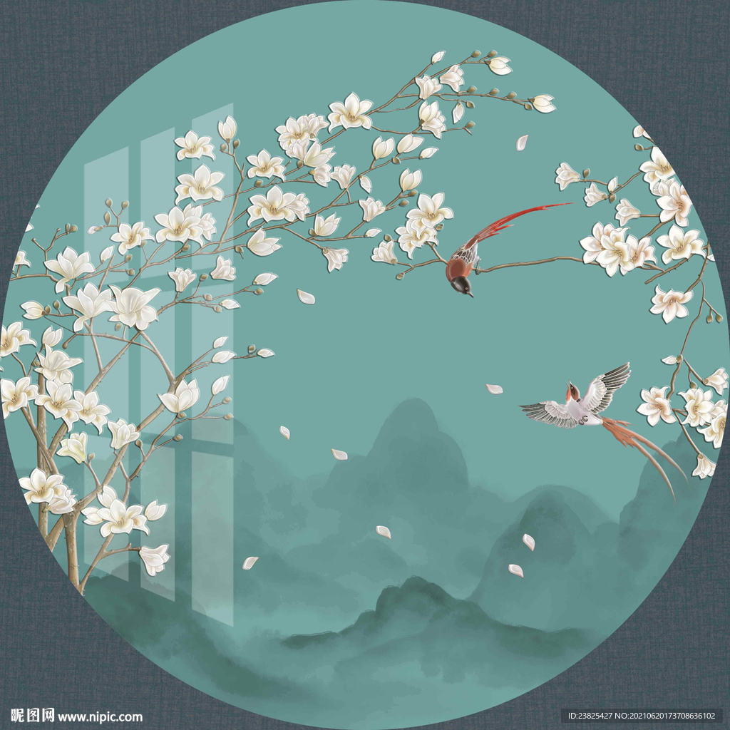 新中式手绘玉兰花鸟圆形装饰画