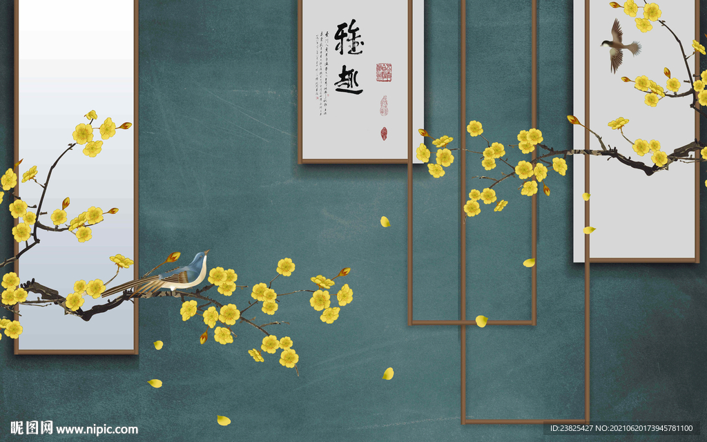 新中式手绘银杏树花鸟电视背景墙