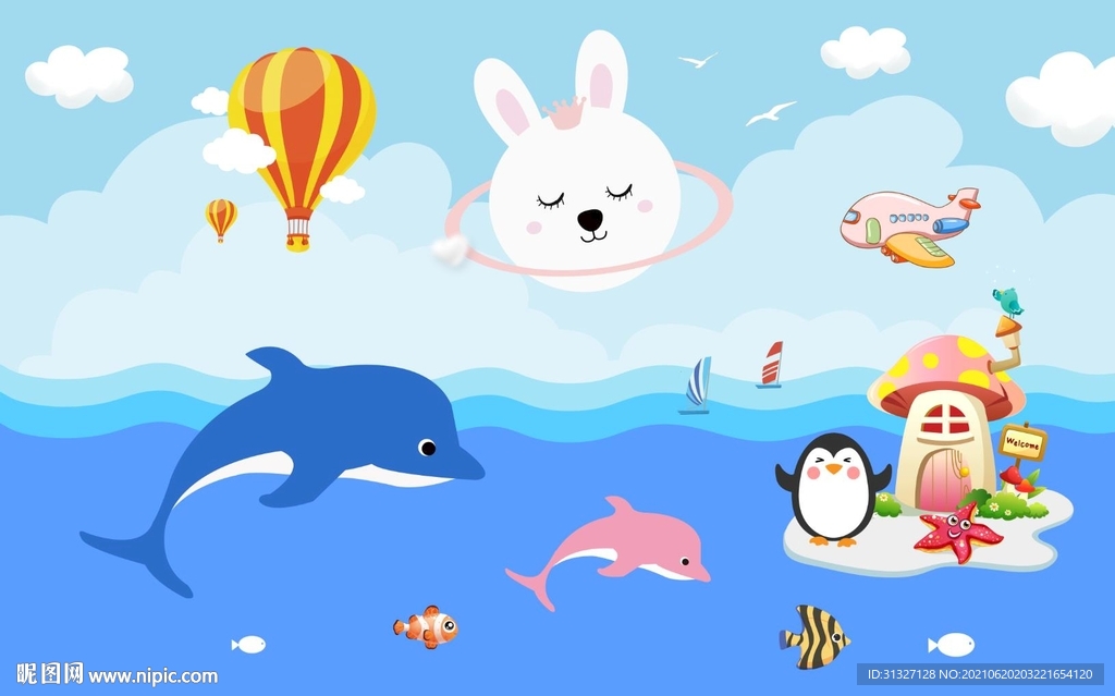 卡通母子情海豚背景墙