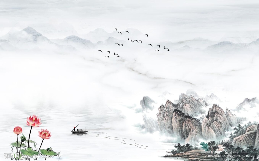 江山如画山水画荷花新中式背景墙