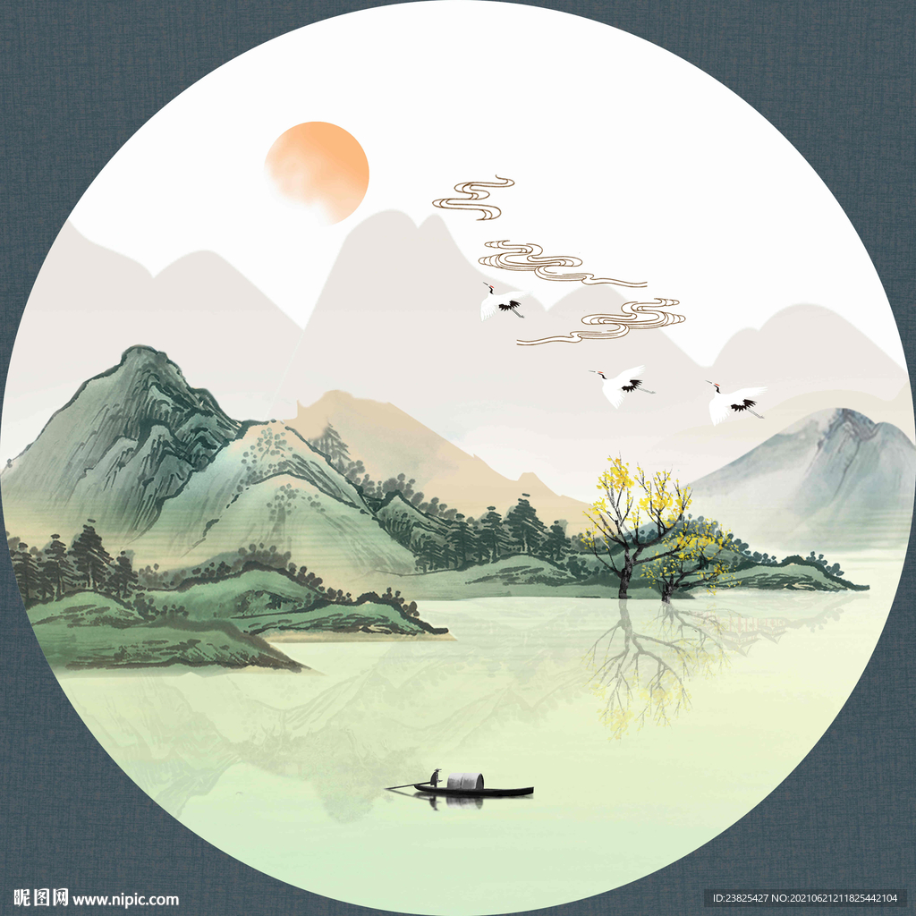新中式手绘抽象水墨山水圆形画