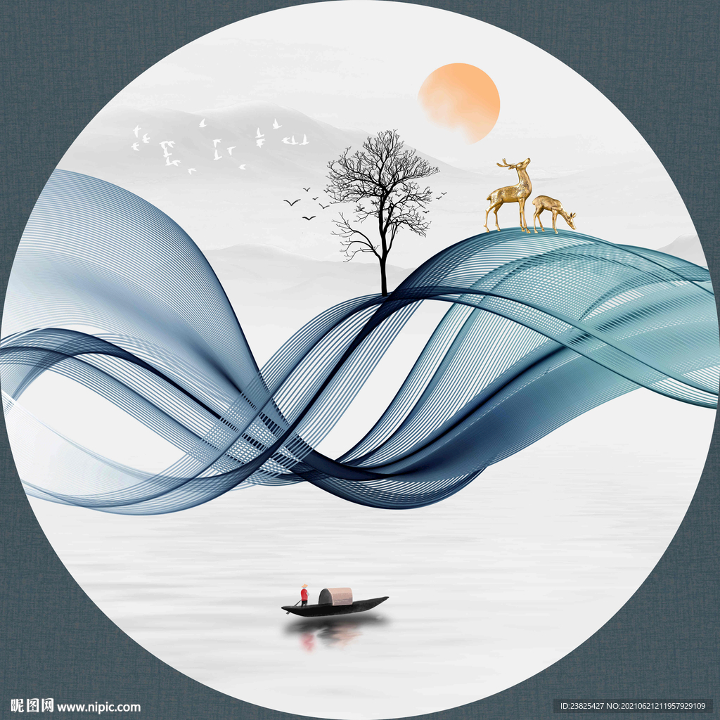 新中式抽象水墨山水线条圆形画
