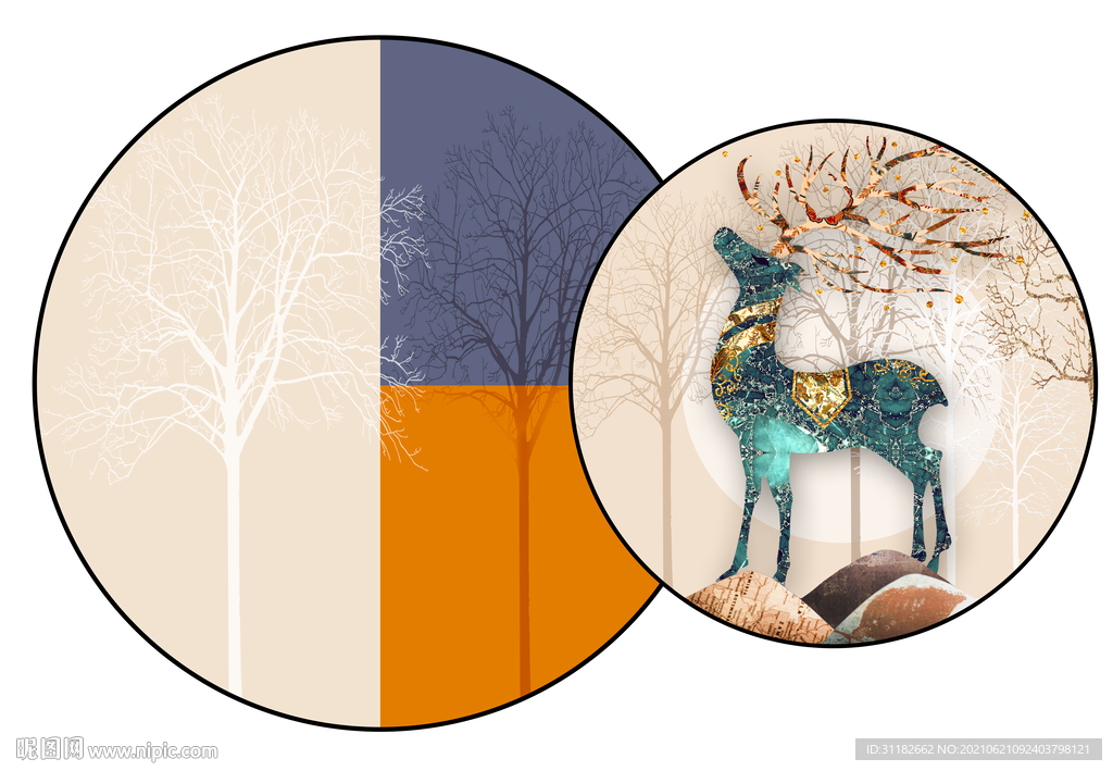 灯光麋鹿圆形装饰画