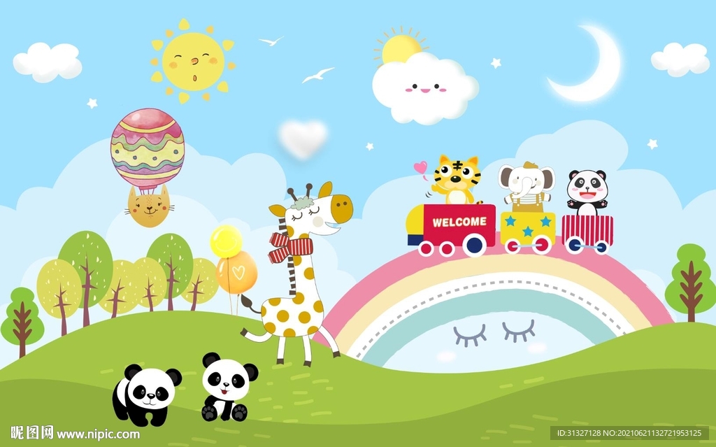 儿童可爱熊猫彩虹背景墙