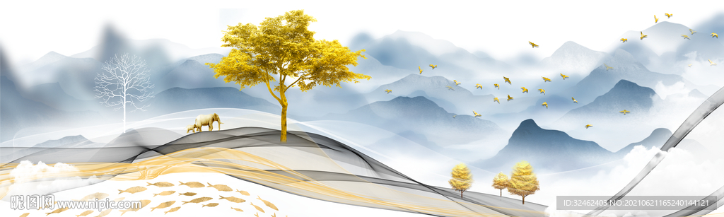 发财树水墨山水画装饰画