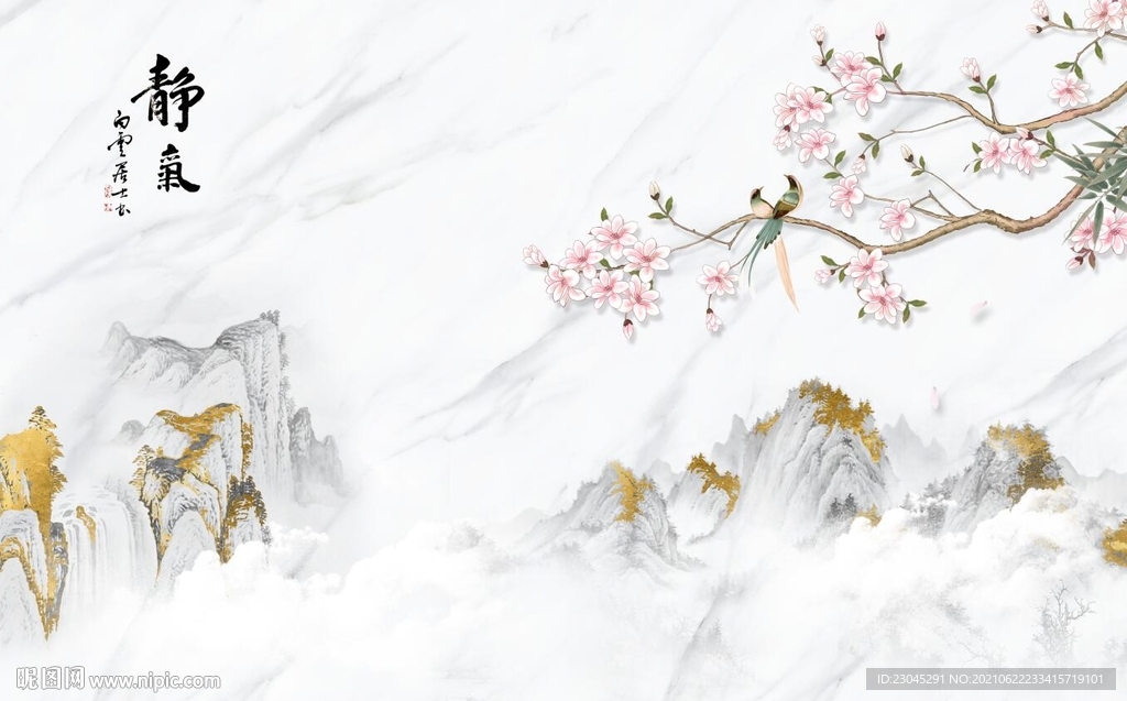 静风山水梅花新中式背景墙