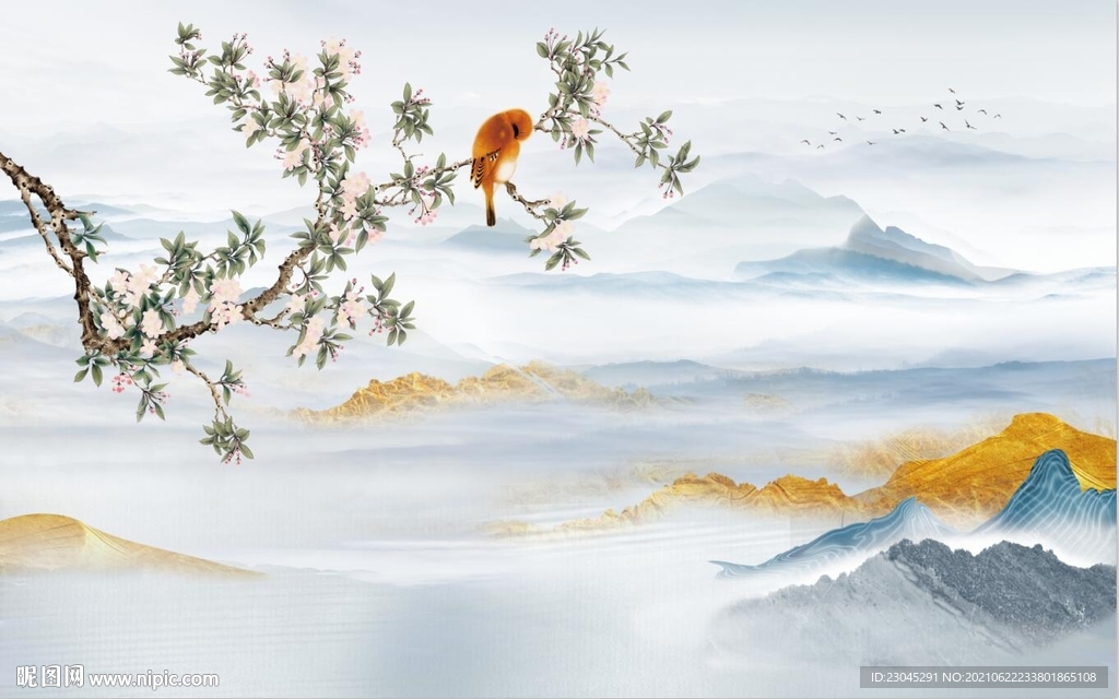 鸟语花香黄鹂鸟新中式背景墙