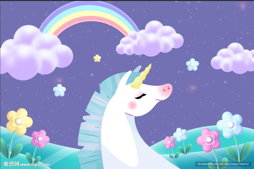 可爱独角兽花卉儿童房间壁画