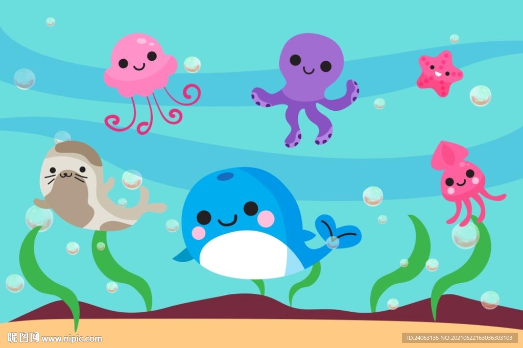 可爱卡通八爪海洋动物背景墙壁画