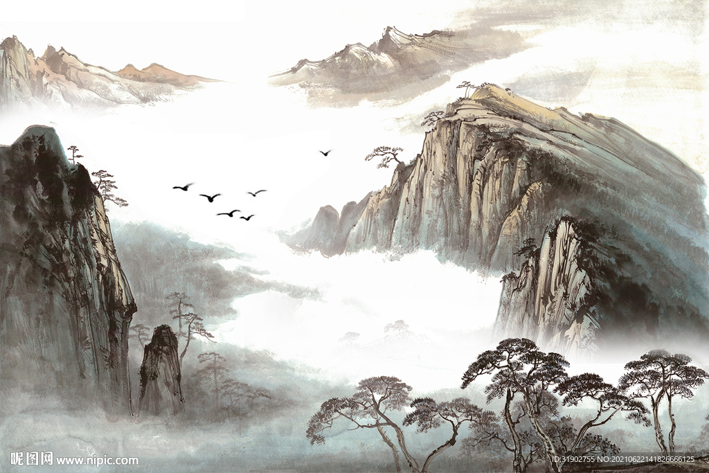纯手绘山水画背景墙