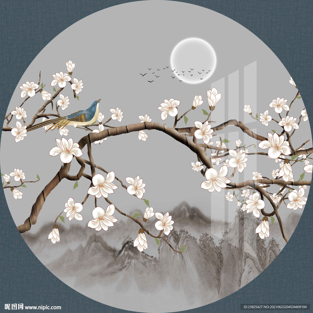新中式手绘玉兰花鸟圆形装饰画