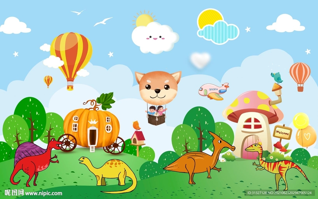 卡通手绘恐龙蘑菇背景墙