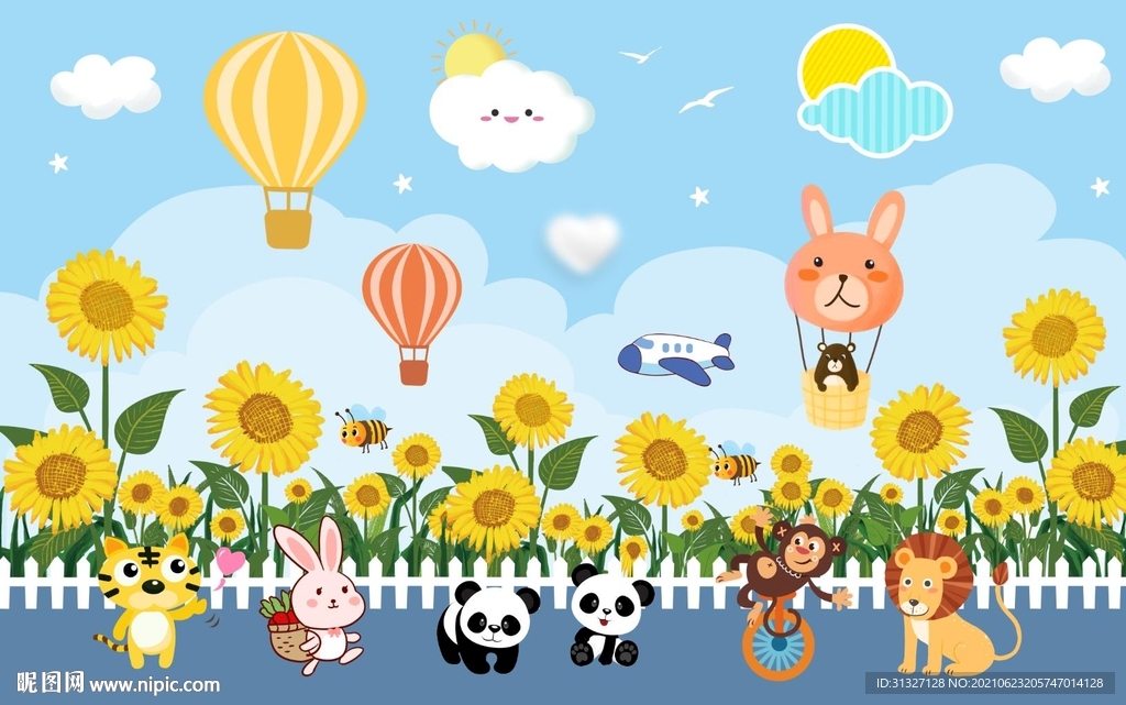 卡通动物园向日葵背景墙图片