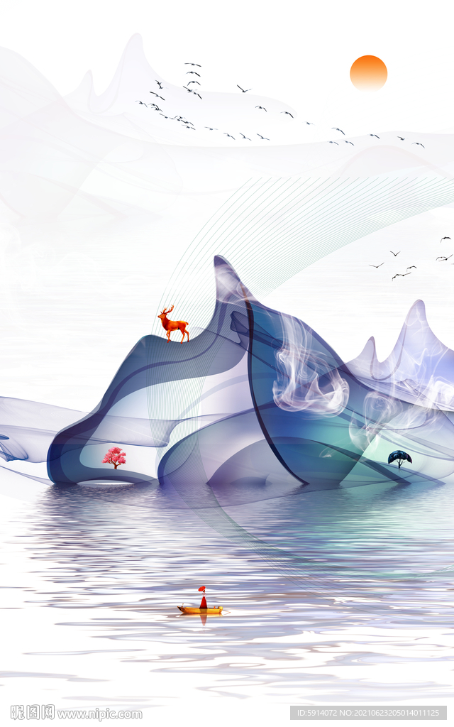 装饰画 抽象线条 船 麋鹿