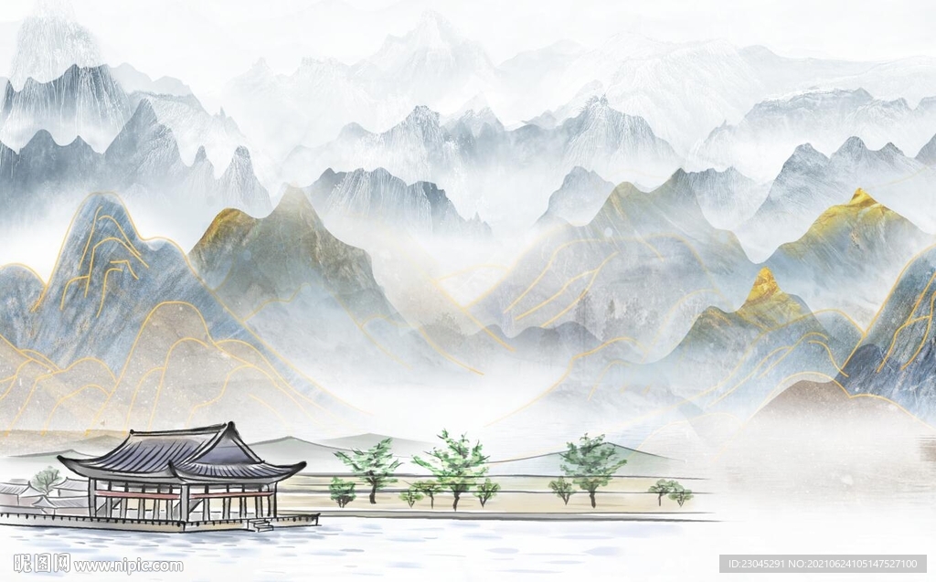 群山叠嶂山川河流山水中式背景墙