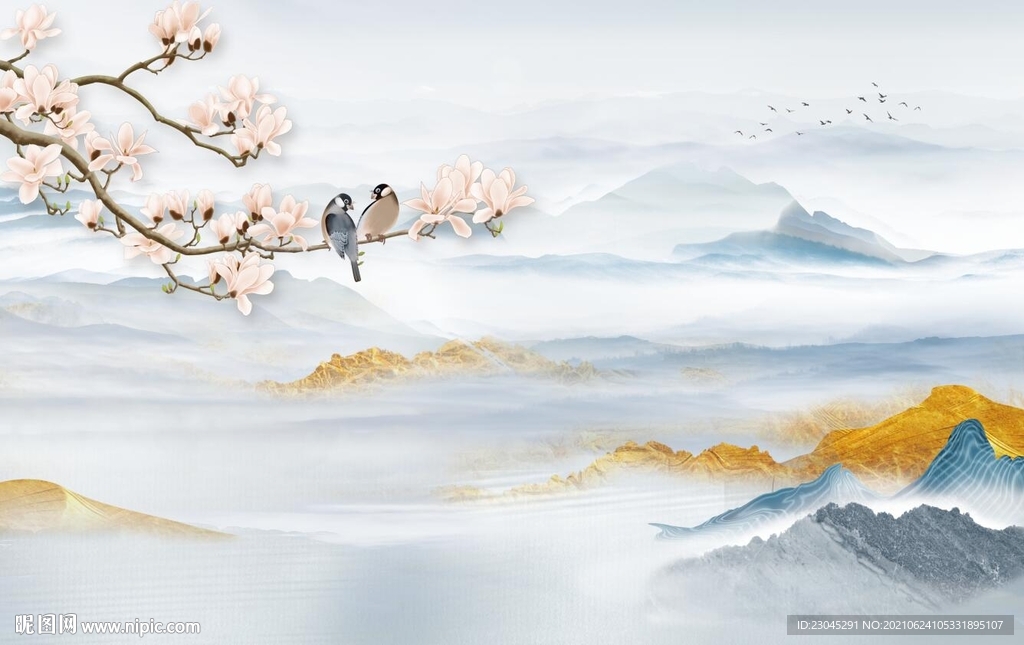 鸟语花香新中式山水电视背景墙