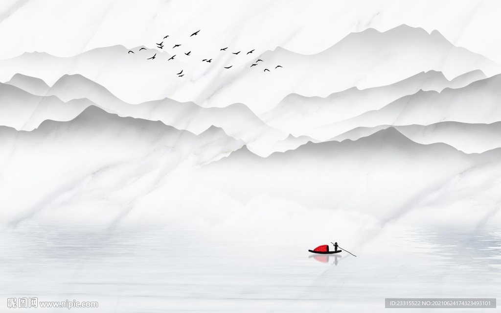 渔舟唱晚水墨山水背景墙