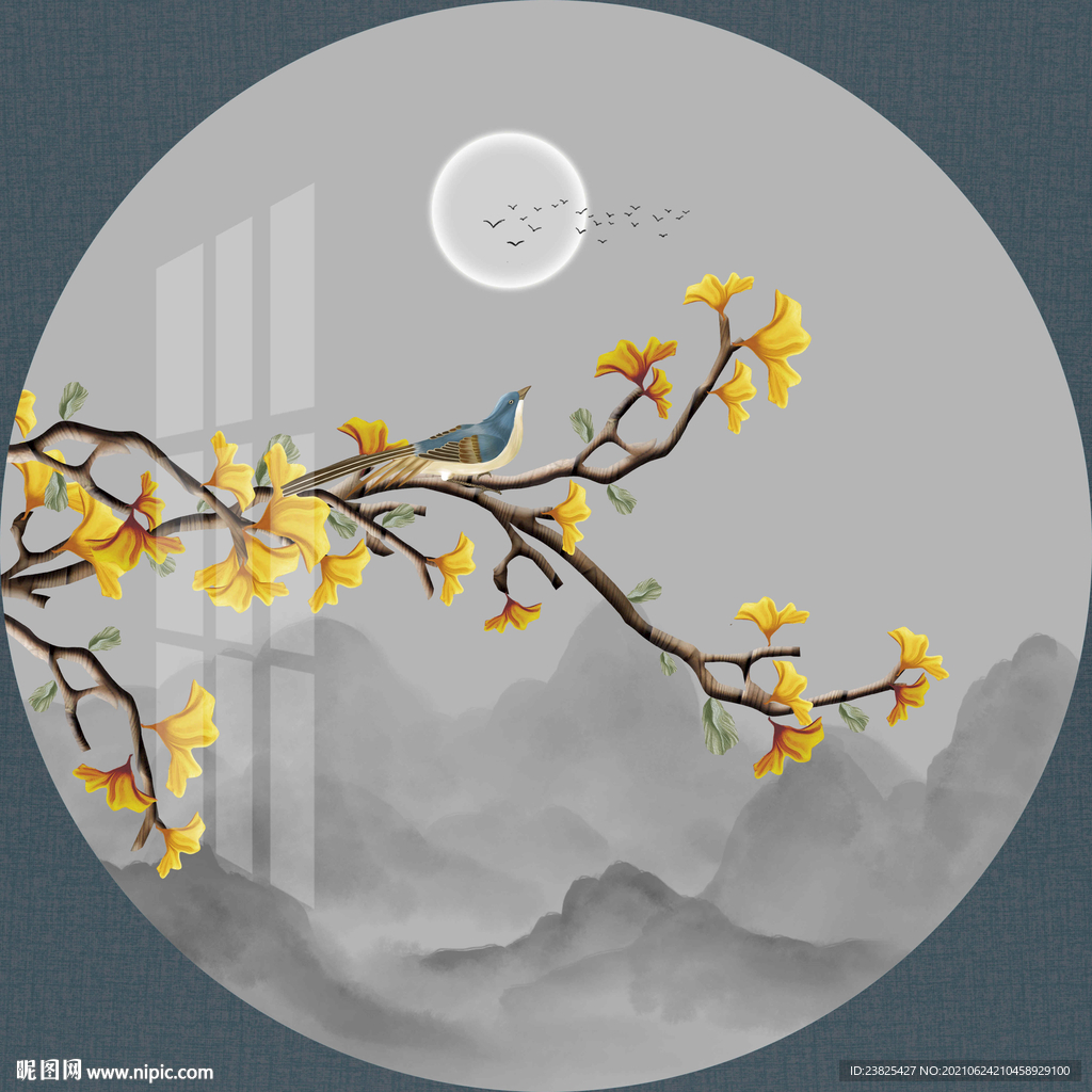 新中式手绘银杏树花鸟圆形装饰画