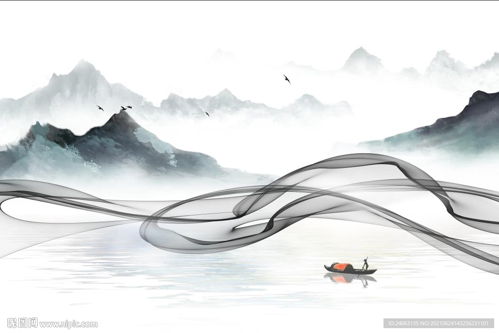 抽象烟雾水墨山水船意境江南背景